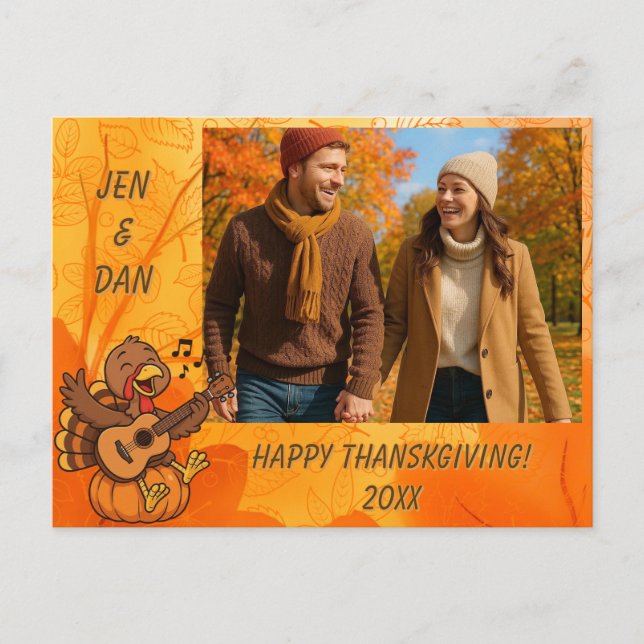 Söt kalkon med gitarr på Thanksgiving-dagen Vykort (Framsida)