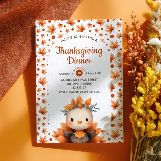 Söt kalkon med höstfärg Thanksgiving-middag  Inbjudningar (Skapare uppladdad)