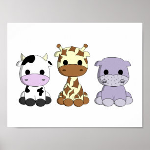 Söt kalv ko giraff flodhäst tecknad barnkammare poster