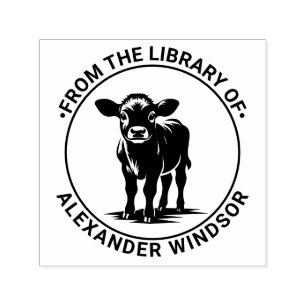 Söt kalv ko stående bibliotek boknamn självfärgande stämpel