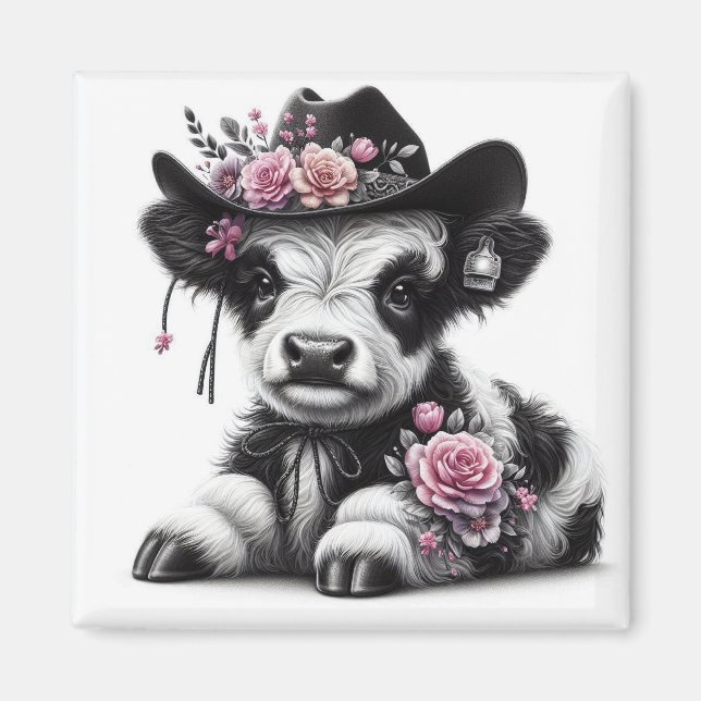 Söt kalv som bär hatt prydd med blommor magnet (Framsidan)
