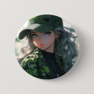 Söt Kamouflage Militär Jägare Drill Anime Tjej Knapp