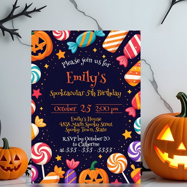 Söt kandy och Jack-o'-Lantern Halloween Birthday Inbjudningar (Skapare uppladdad)