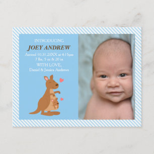 Söt känguru joey baby foto födelseannonsering meddelande