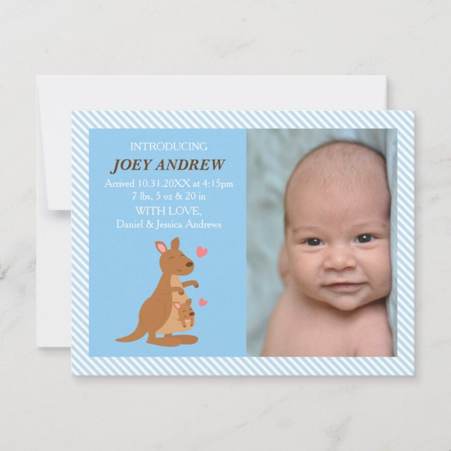 Söt känguru joey baby foto födelseannonsering meddelande (Framsida)