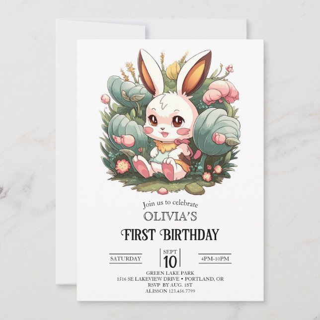 Söt Kanin 1-årsdag Digitalt Inbjudningar (Framsida)