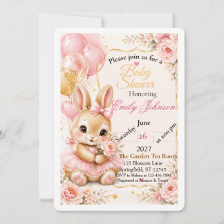 Söt kanin bebis shower inbjudan | Rosa floral vatt