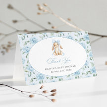 Söt kanin, blå rosett, blå blommor, baby shower