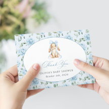 Söt kanin, blå rosett, blå blommor, baby shower