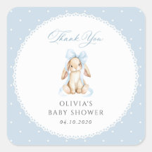 Söt kanin, blå rosett, blå prickar, baby shower