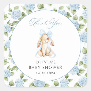Söt Kanin, Blå Slinga, Blå Blommor, Bebis Shower Fyrkantigt Klistermärke
