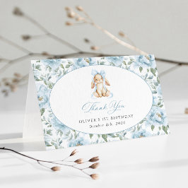 Söt kanin, blå slinga, blå blommor, Första födelse Tack Kort