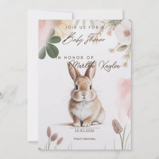 Söt kanin Blommig Baby Shower Inbjudan Redigerbar