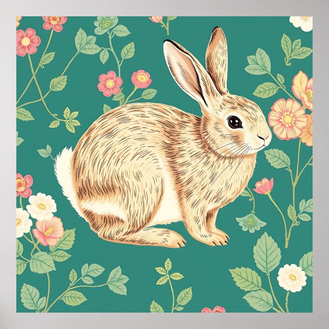 Söt kanin blommönster i teal poster (Framsidan)