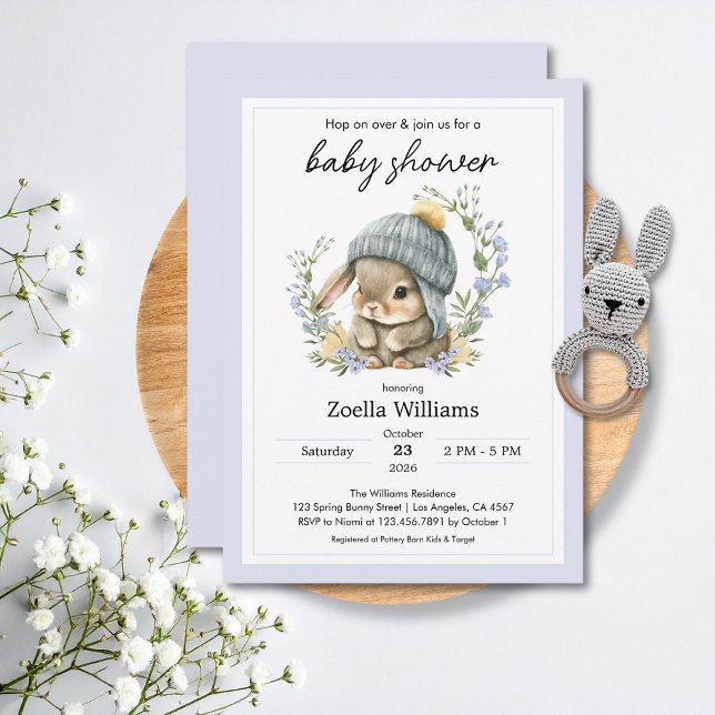 Söt kanin blommor vår baby shower inbjudan (Baby Shower Invitations Watercolor Cute Simple Bunny 3)