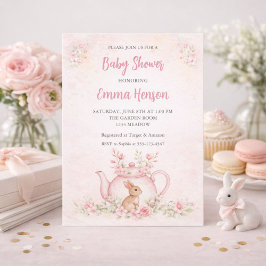 Söt kanin & Blomstertekanne Baby Shower Inbjudningar