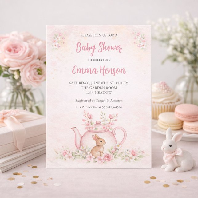 Söt kanin & Blomstertekanne Baby Shower  Inbjudningar (Skapare uppladdad)