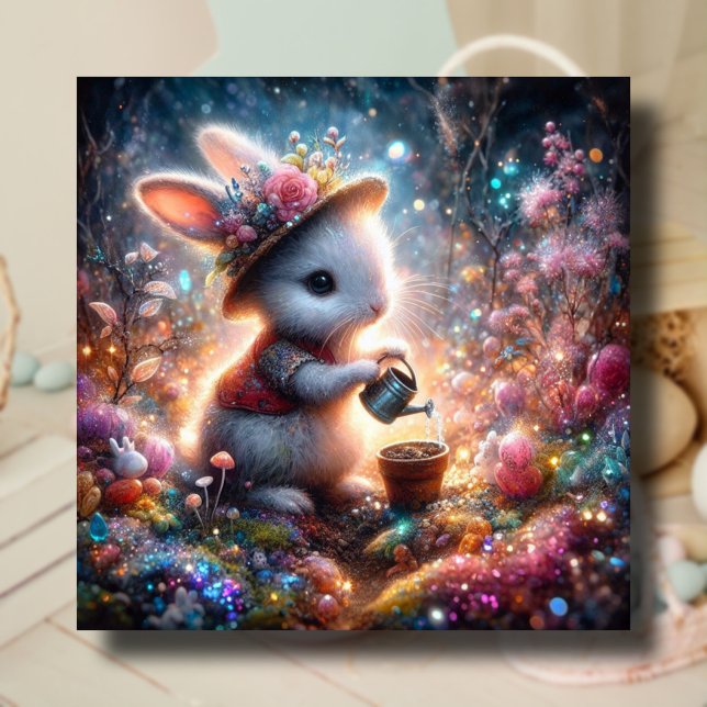 Söt Kanin Färgglad Gnistrande Trädgård Påsk Julkort (Skapare uppladdad)