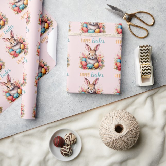 Söt Kanin Färgglada Ägg Blommor Glad Påsk Presentpapper (Hantverk)