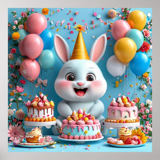 🐰 Söt kanin födelsedagsaffisch partedekoration pr Poster (Framsidan)