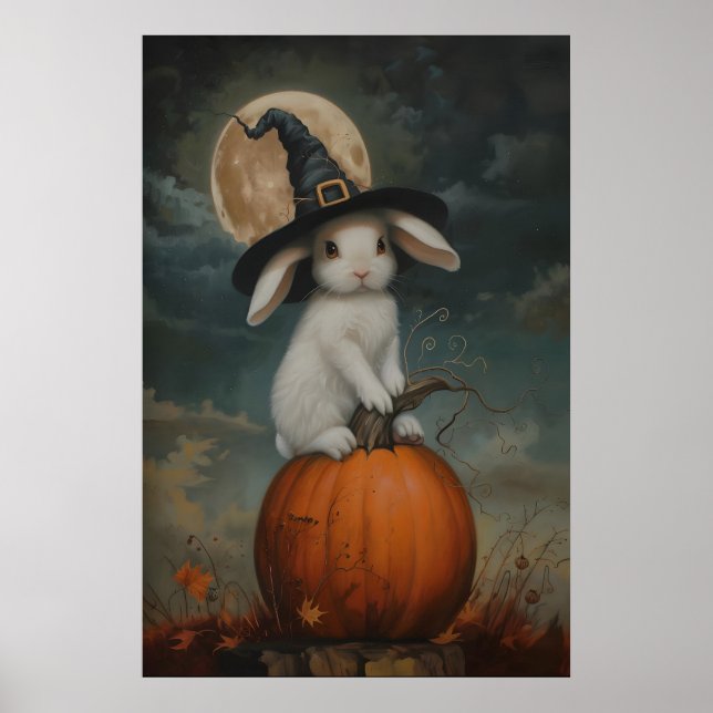Söt kanin häxa på pumpa konst tryckbar, Hallowe Poster (Framsidan)