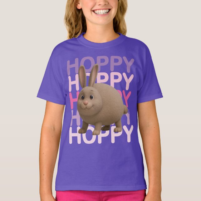 Söt Kanin “Hoppy Hoppy” Typografi Kawaii Kanin T Shirt (Framsida)