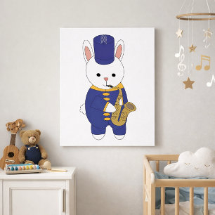 Söt kanin i blå marscheringsorkester spelar saxofo poster