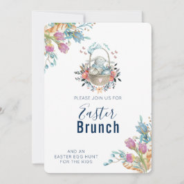 Söt kanin i korg & tulpanblommor Påskbrunch Inbjudningar