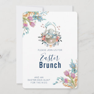 Söt kanin i korg & tulpanblommor Påskbrunch Inbjudningar