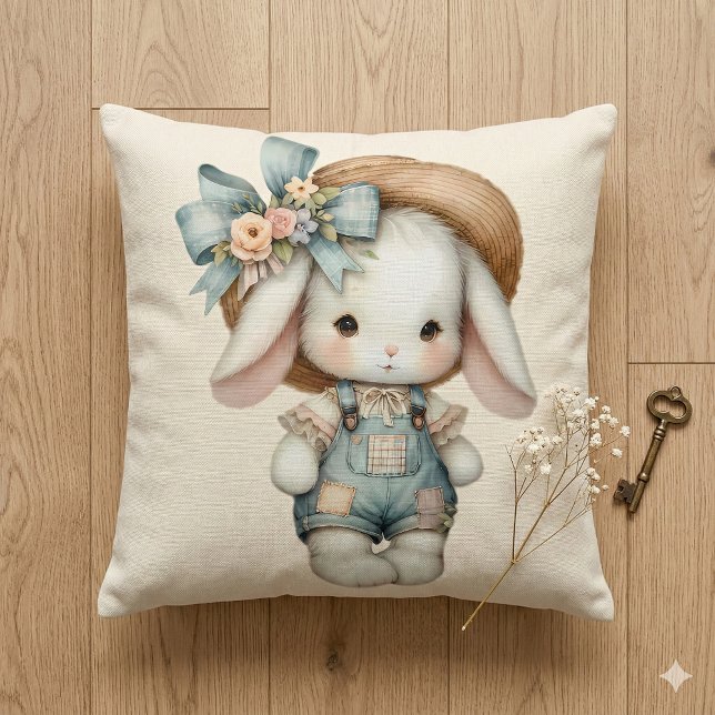 Söt kanin i overall med halmhatt och fluga kudde (Cute Bunny in Overalls with Straw Hat & Bow Throw Pillow Mockup D)