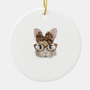 Söt kanin kanin ansikte leopard coquette båge glas julgransprydnad keramik