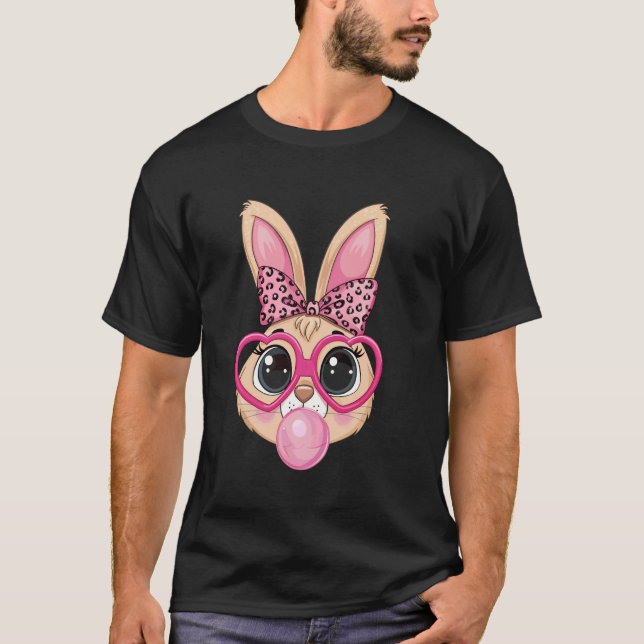 Söt kanin kanin ansikte rosa glasögon leopardbåge  t shirt (Framsida)