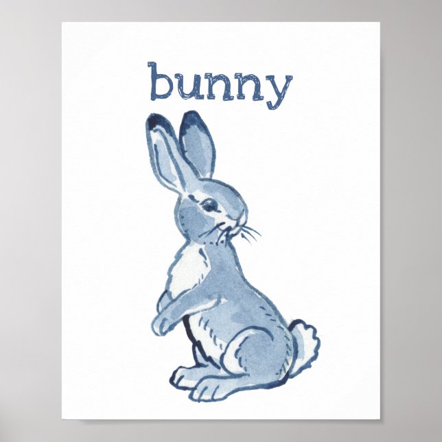 Söt kanin Kanin Blå Akvarell Djur Natur Poster (Framsidan)