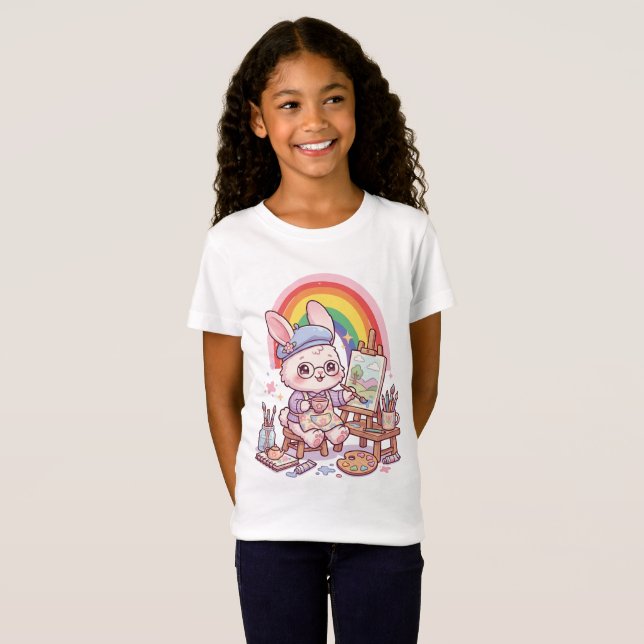 Söt Kanin Konstnär Målar med Regnbåge Kawaii T Shirt (Hel framsida)