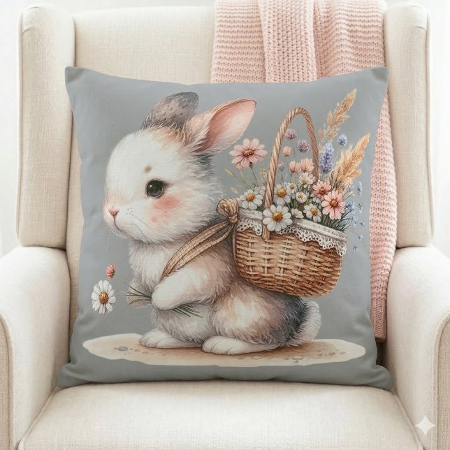 Söt kanin med blommor akvarellkonst kudde (Cute Bunny with Flowers Watercolor Art Throw Pillow Mockup A)