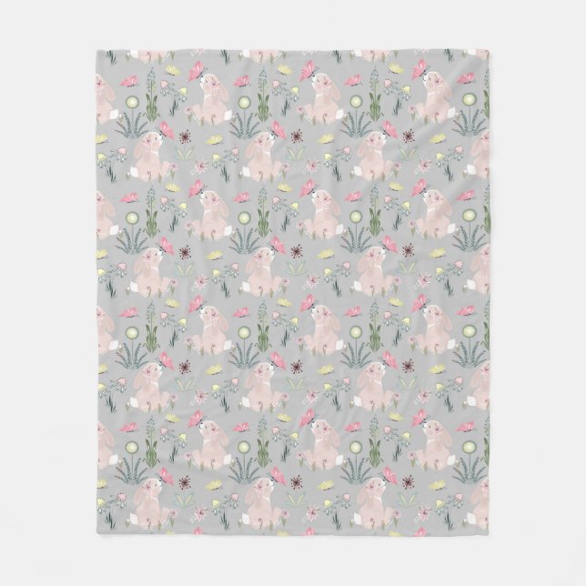 Söt kanin med blommor och fjärilar fleecefilt (Framsidan)