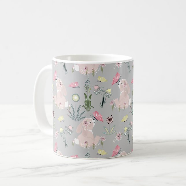 Söt kanin med blommor och fjärilar kaffemugg (Framsida vänster)