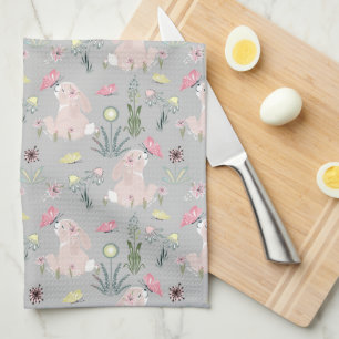 Söt kanin med blommor och fjärilar kökshandduk