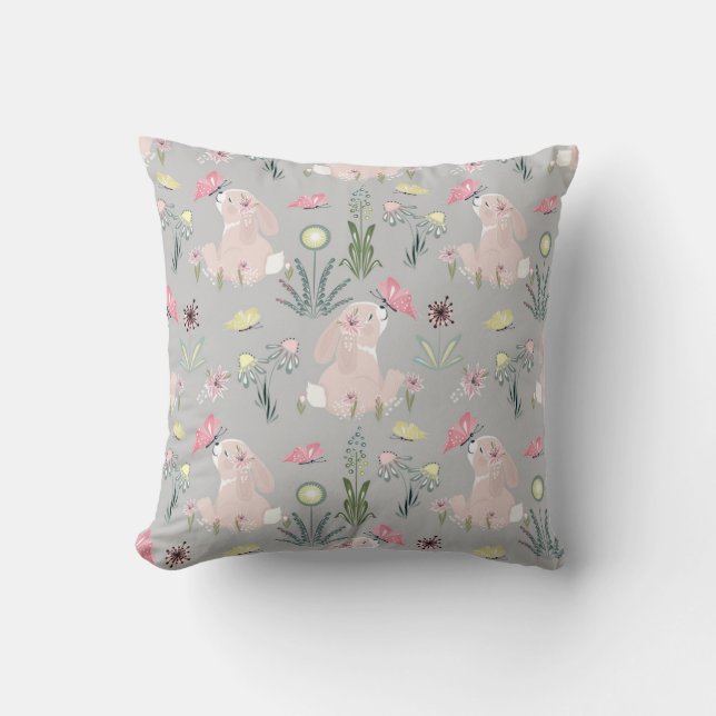Söt kanin med blommor och fjärilar kudde (Framsida)