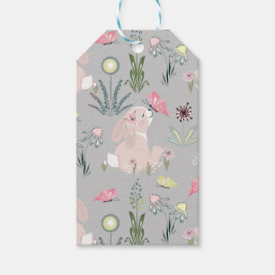 Söt kanin med blommor och fjärilar presentetikett