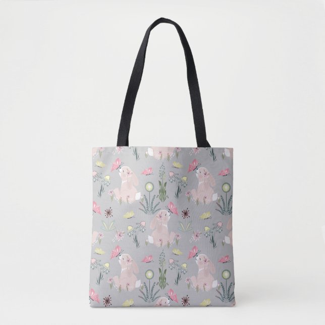 Söt kanin med blommor och fjärilar tygkasse (Framsida)