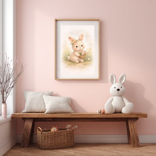 Söt kanin med blomsterkorg Neutralt barnrum Poster (Skapare uppladdad)