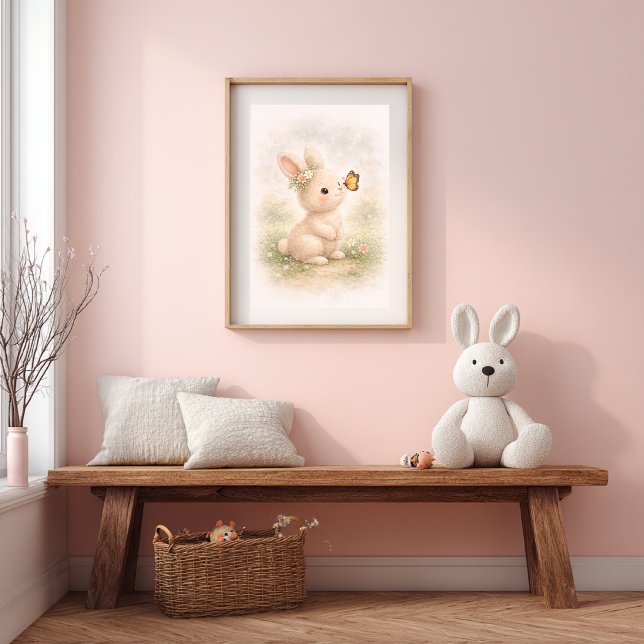 Söt kanin med fjäril Neutralt barnrum Poster (Skapare uppladdad)