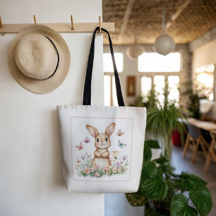Söt kanin med fjärilar och vårblommor tygkasse