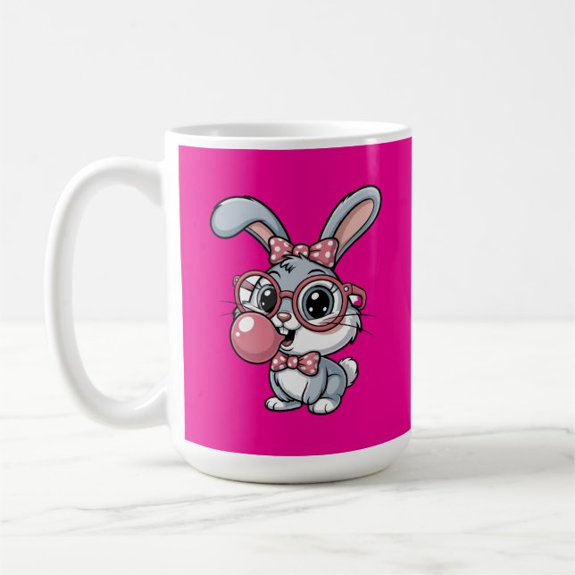Söt kanin med glasögon som blåser bubbelgum kaffemugg (Vänster)