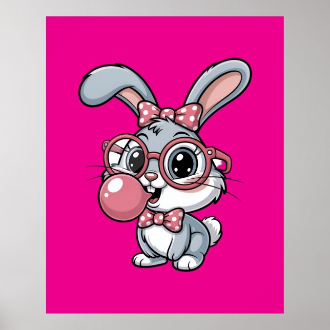 Söt kanin med glasögon som blåser bubbelgum poster (Framsidan)