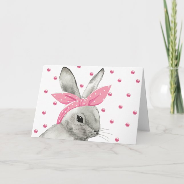 Söt kanin med rosa rosett kort (Framsida)