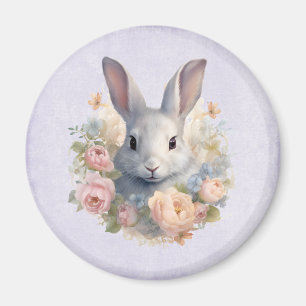 Söt kanin omgiven av pastella blommor magnet