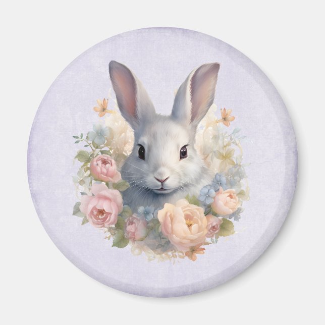 Söt kanin omgiven av pastella blommor magnet (Framsidan)