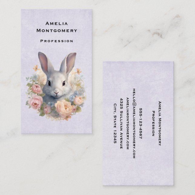 Söt kanin omgiven av pastellfärgade blommor visitkort (Fram/baksida)